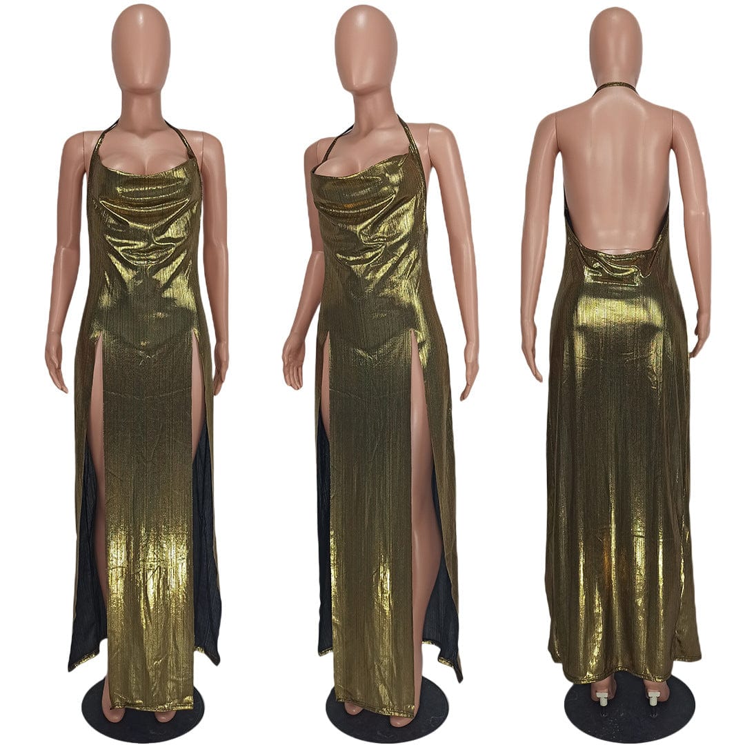 Nightclub Solid Color Spaghetti Strap Halter Backless High Split Sexy Party Club Dress