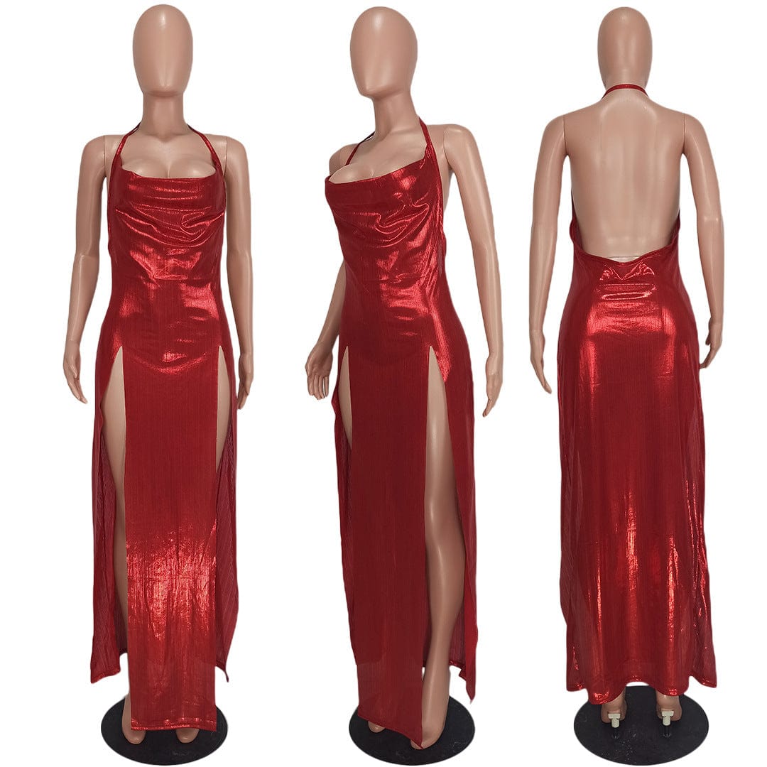 Nightclub Solid Color Spaghetti Strap Halter Backless High Split Sexy Party Club Dress