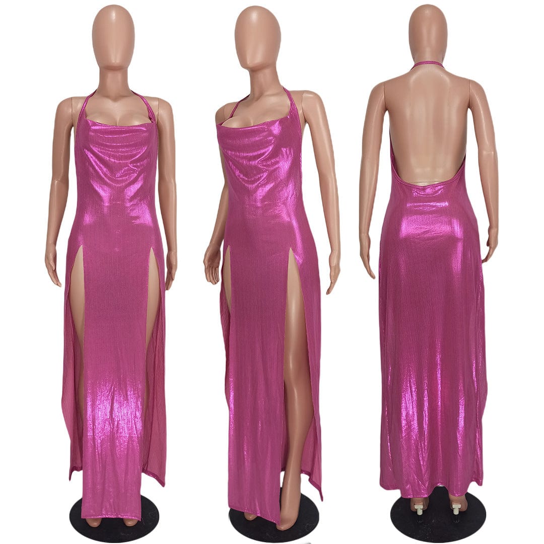 Nightclub Solid Color Spaghetti Strap Halter Backless High Split Sexy Party Club Dress