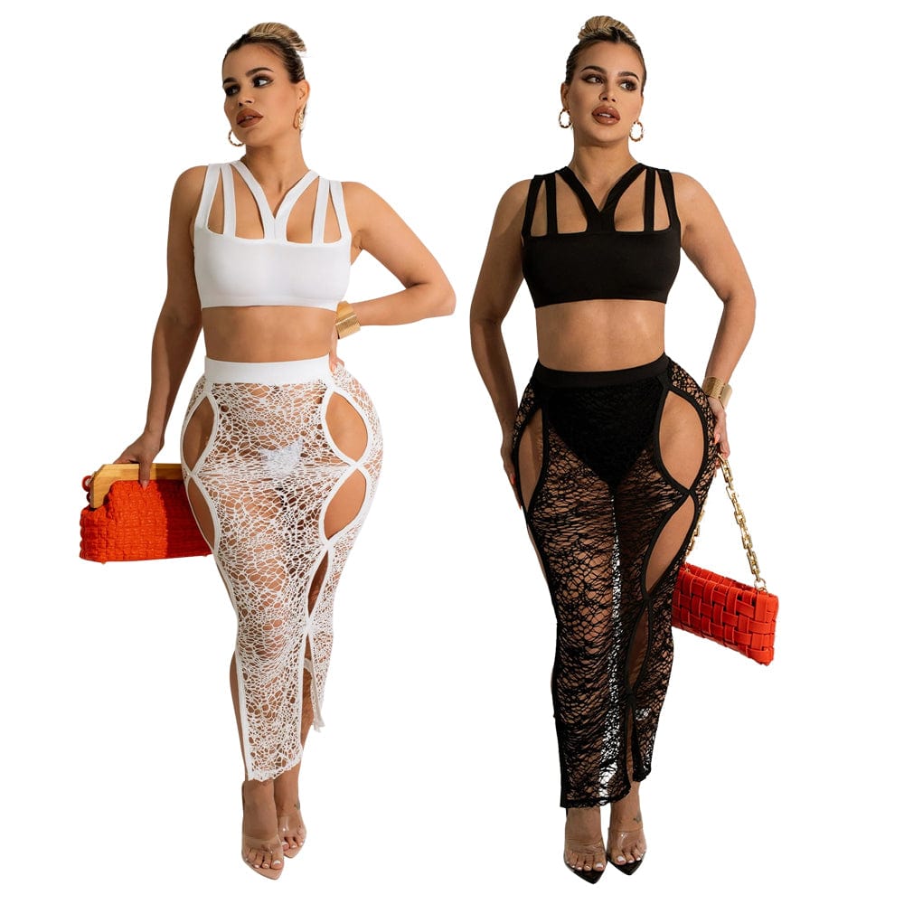 Nightclub Two Piece Skirt Set 2022 Party Wear Dresses For Women Nightdress Sexy Dress Lingerie Black Mesh Dress African Clothing