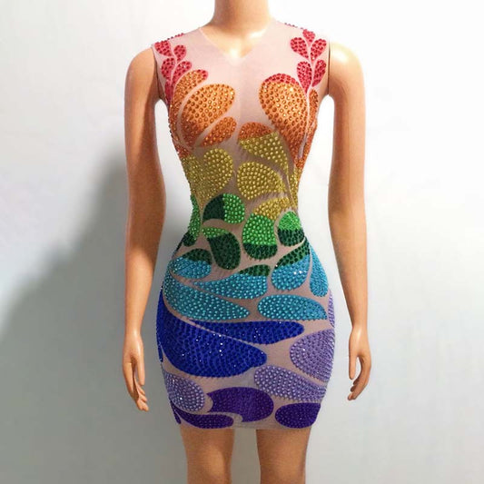 NOCANCE novance trending products 2023 tank top sparkling rainbow diamonds gown colorful mini dresses women sexy evening party