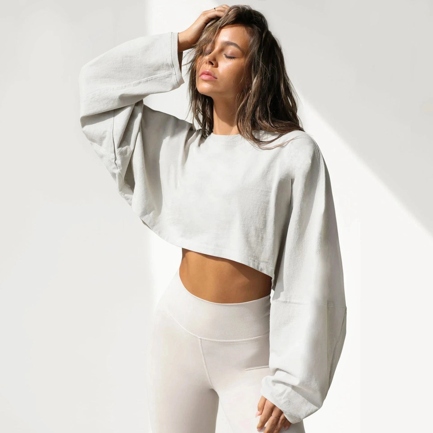 None / XS / EWYB010 Wholesale Long Sleeve Crewneck Crop Top TShirt Casual Solid Loose Fit Workout Cropped Pullover Sweatshirts Women