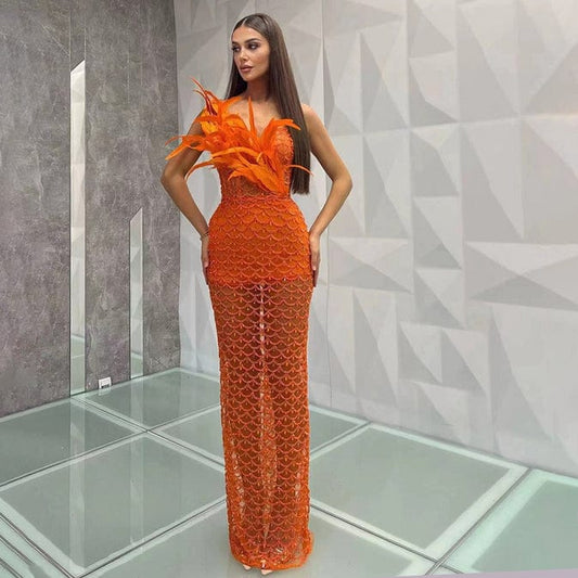 NOVANCE 2023 new arrivals elegant feather unique orange dress women bling sequins long gown robe soiree for evening party