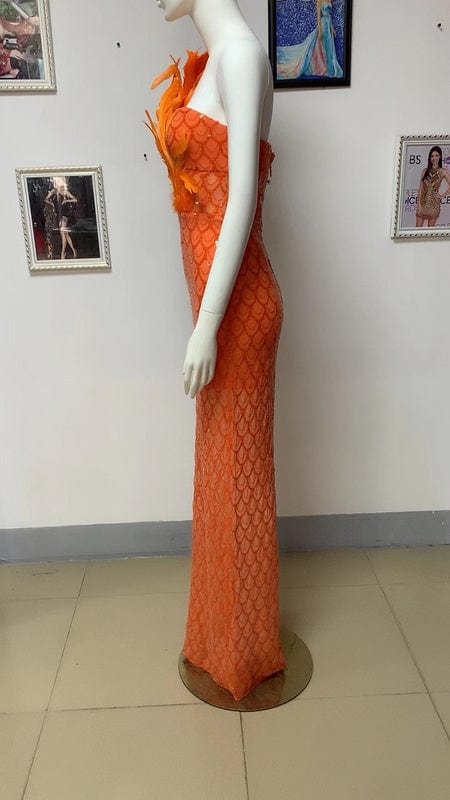 NOVANCE 2023 new arrivals elegant feather unique orange dress women bling sequins long gown robe soiree for evening party