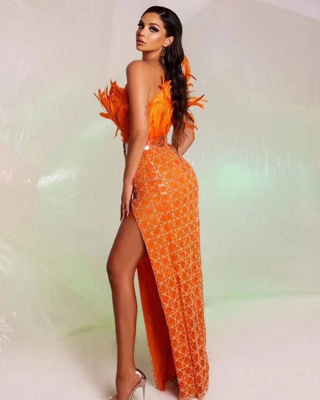 NOVANCE 2023 new arrivals elegant feather unique orange dress women bling sequins long gown robe soiree for evening party