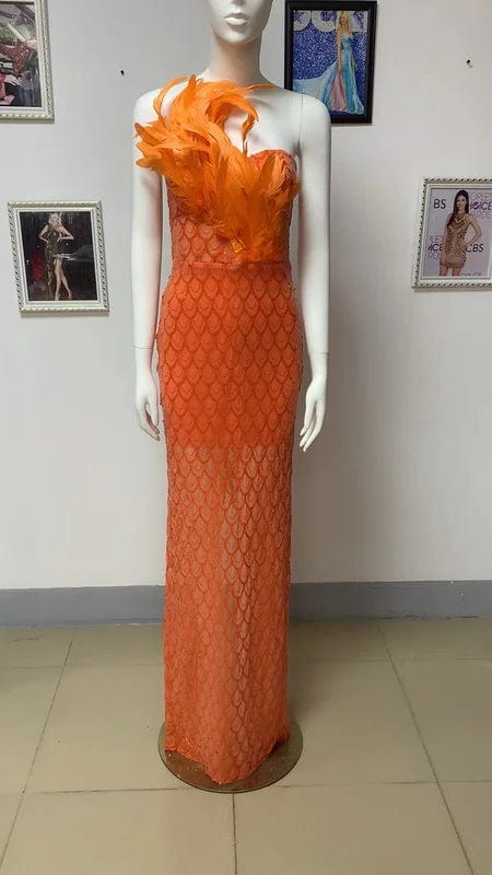 NOVANCE 2023 new arrivals elegant feather unique orange dress women bling sequins long gown robe soiree for evening party