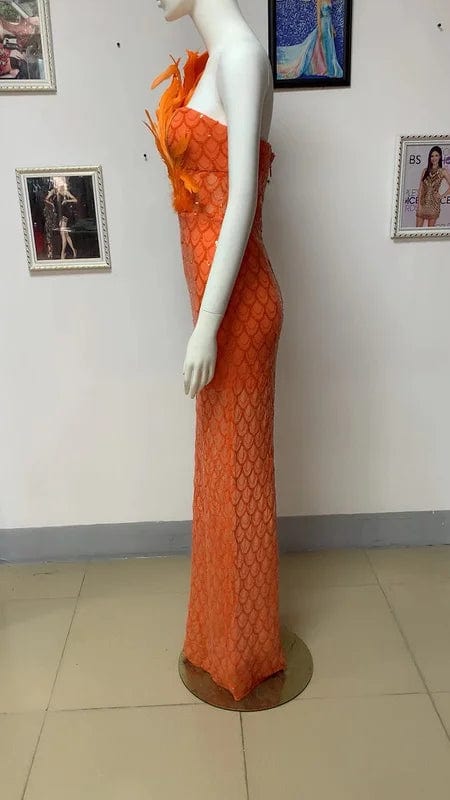 NOVANCE 2023 new arrivals elegant feather unique orange dress women bling sequins long gown robe soiree for evening party