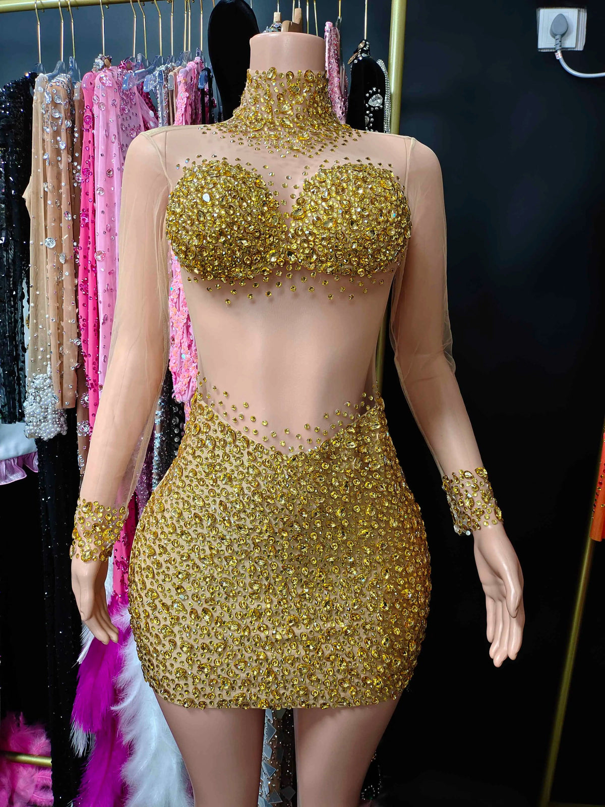 NOVANCE 2023 new arrivals sexy see through bling diamonds cute mini green dress short sparkling party dress for evening club