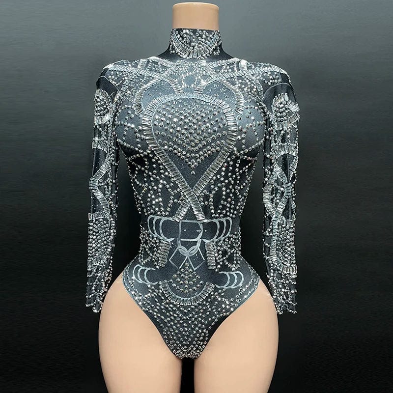 NOVANCE 2023 new product high neck sexy short woman outfits long sleeve black bling diamonds bodysuit for nightclub bar party