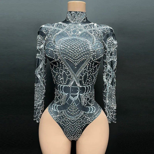 NOVANCE 2023 new product high neck sexy short woman outfits long sleeve black bling diamonds bodysuit for nightclub bar party