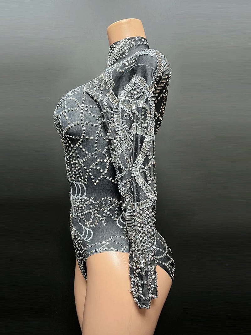 NOVANCE 2023 new product high neck sexy short woman outfits long sleeve black bling diamonds bodysuit for nightclub bar party