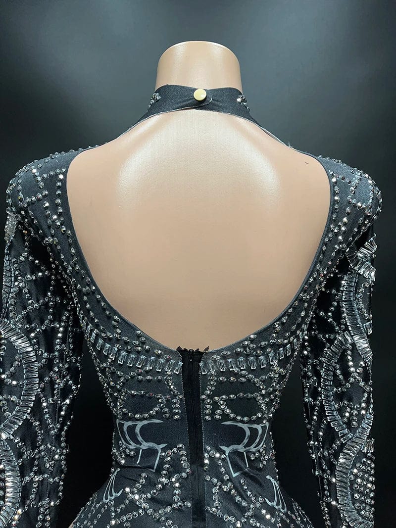 NOVANCE 2023 new product high neck sexy short woman outfits long sleeve black bling diamonds bodysuit for nightclub bar party