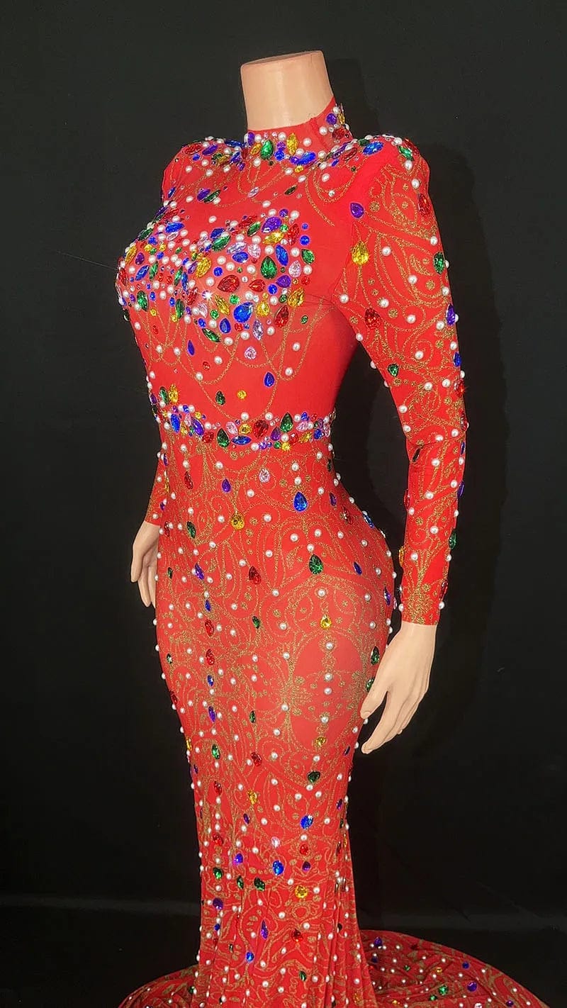 NOVANCE 2024 trending high neck sparkling red fishtail formal evening dress colorful stones sexy woman clothes elegant for night