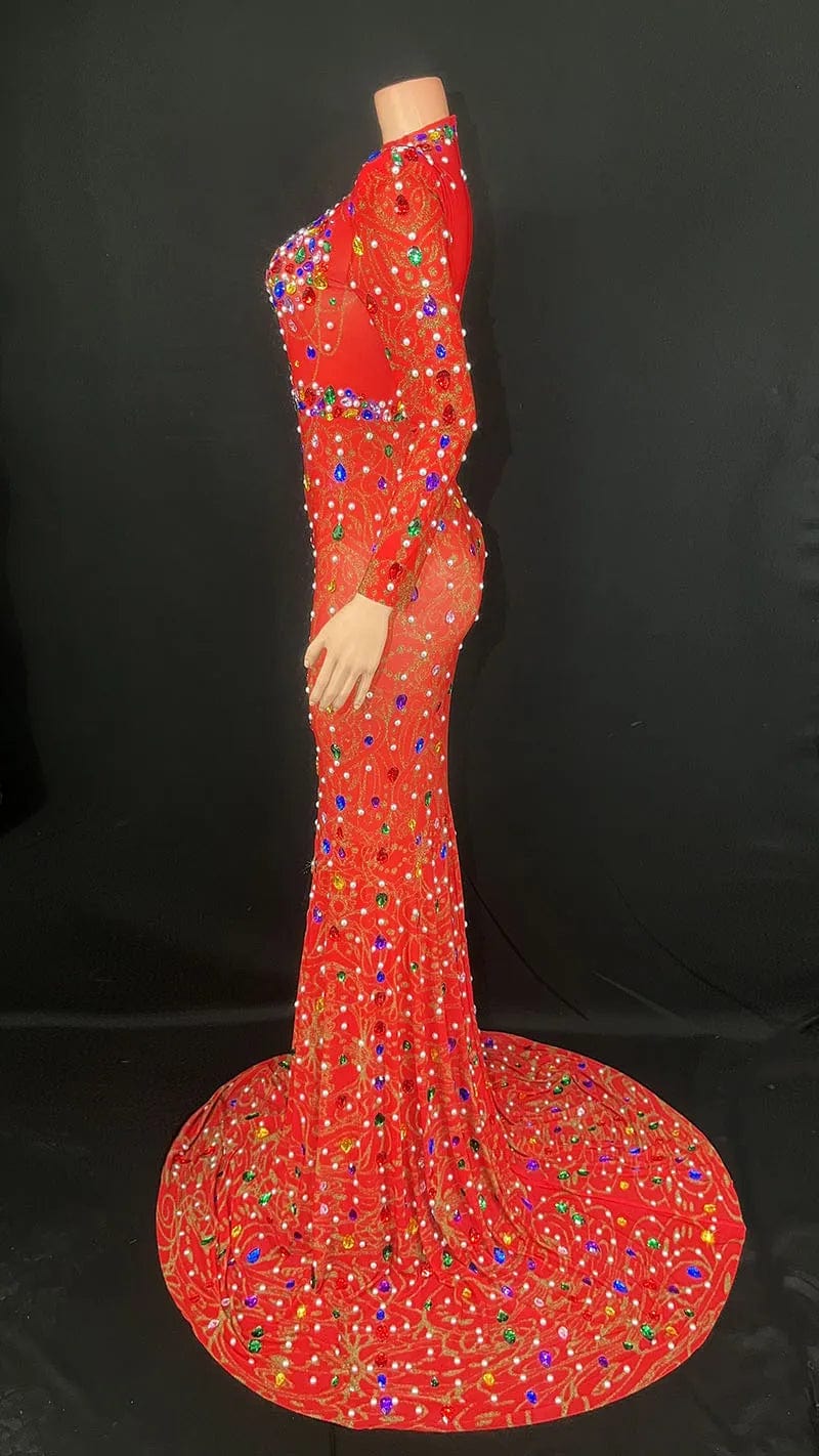 NOVANCE 2024 trending high neck sparkling red fishtail formal evening dress colorful stones sexy woman clothes elegant for night