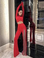 Novance B3168 2023 New Arrivals Floor Length Mesh Beaded Red Pants Plus Size Women'S Pants & Trousers Casual Slim Ladies Pants