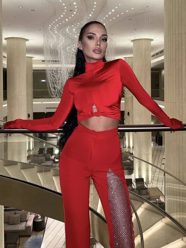 Novance B3168 2023 New Arrivals Floor Length Mesh Beaded Red Pants Plus Size Women'S Pants & Trousers Casual Slim Ladies Pants