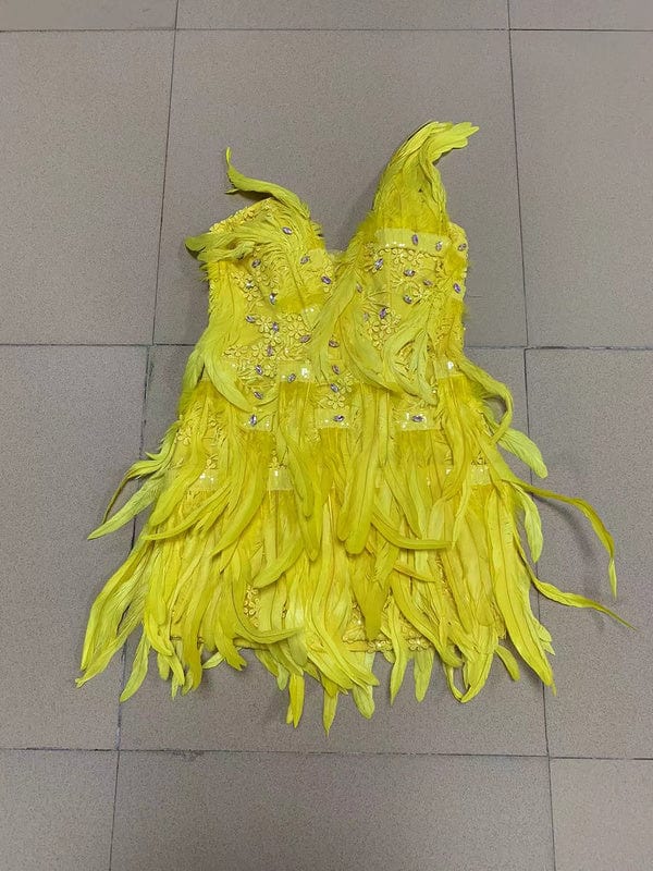 NOVANCE boutique clothing women sexy 2023 new arrivals deep V feather mini yellow dress robe soiree femme for cocktail party