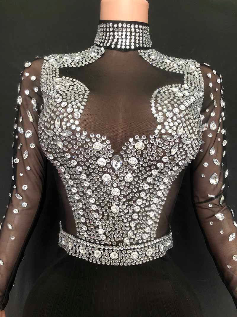 NOVANCE elegant women dresses 2023 glittering diamonds high neck shiny black sheer gowns evening dresses sexy night gown