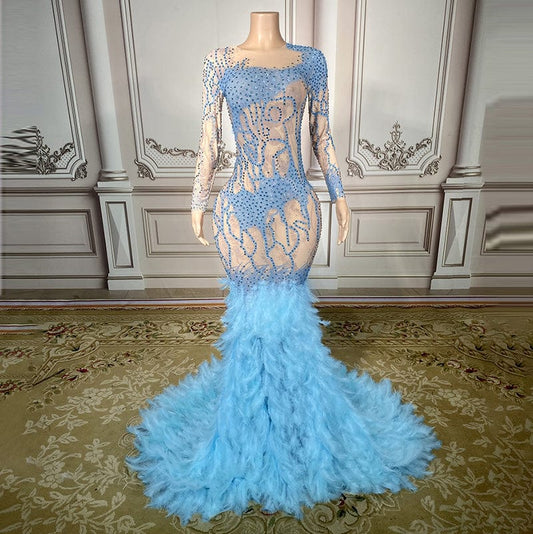 NOVANCE gorgeous pearls evening dress 2023 sparking elegant feather light blue long dress with rhinestones wedding dresses
