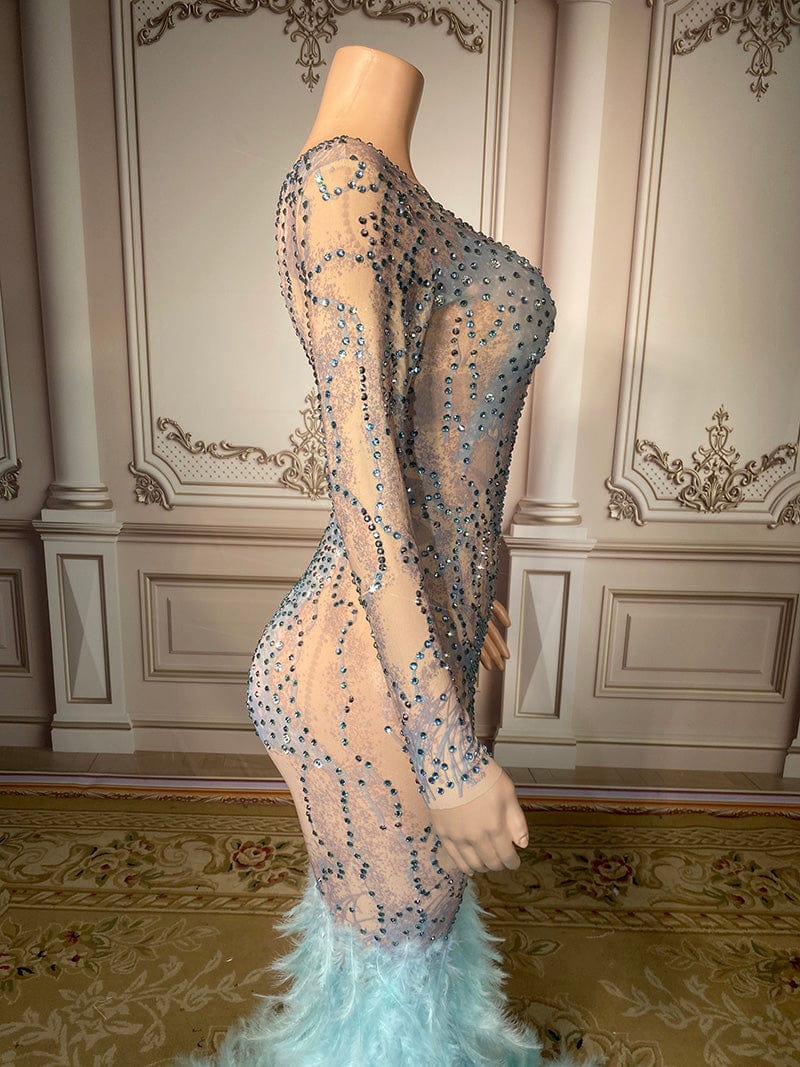 NOVANCE gorgeous pearls evening dress 2023 sparking elegant feather light blue long dress with rhinestones wedding dresses