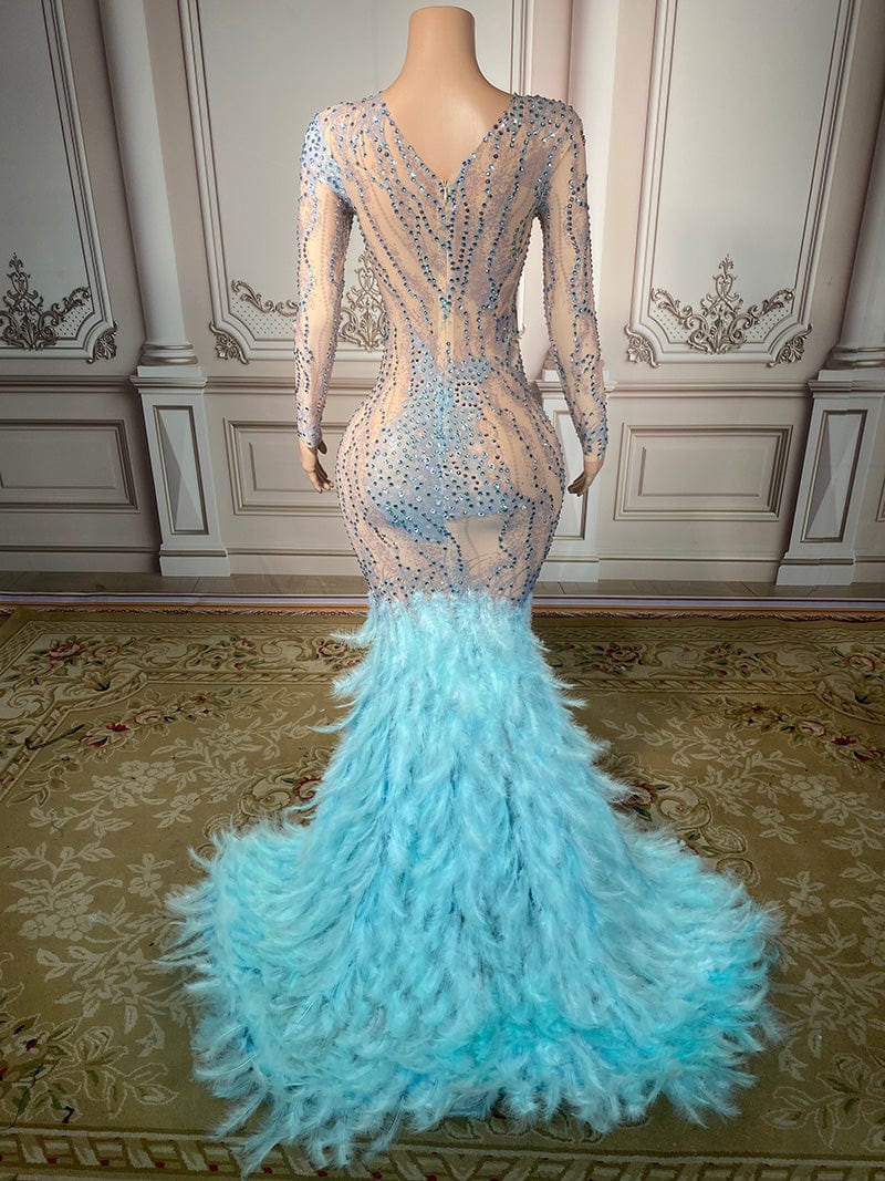 NOVANCE gorgeous pearls evening dress 2023 sparking elegant feather light blue long dress with rhinestones wedding dresses