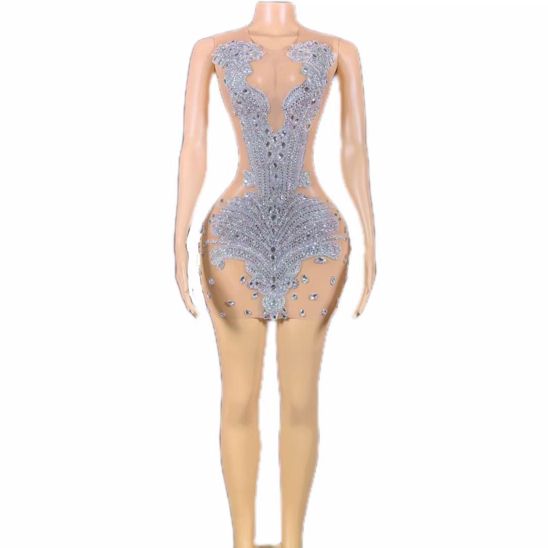 NOVANCE hot selling products 2023 shiny diamonds sexy sheer low cut dress mini luxury crystals cocktail dresses for nightclub