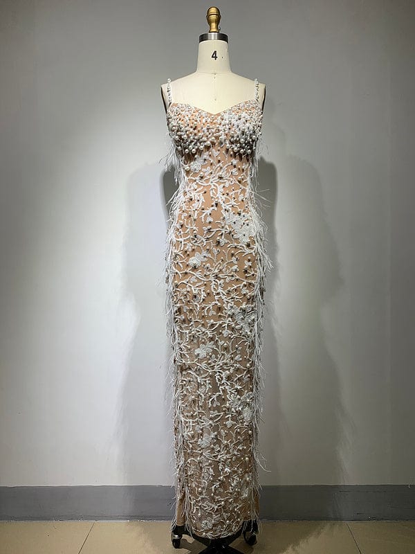 NOVANCE latest product elegant white pearls suspender long photoshot pageant gown backless active wear for evening party