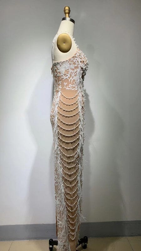 NOVANCE latest product elegant white pearls suspender long photoshot pageant gown backless active wear for evening party