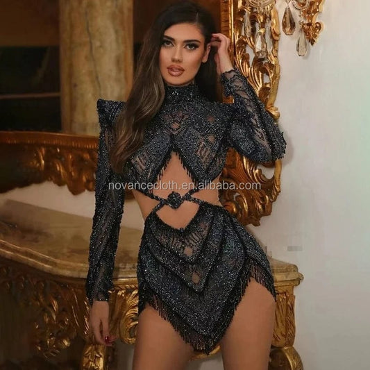 NOVANCE new product 2023 popular in china sexy cut out black shiny pearl dress with shoulder pad club dresses with bling tassels