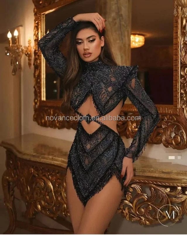 NOVANCE new product 2023 popular in china sexy cut out black shiny pearl dress with shoulder pad club dresses with bling tassels