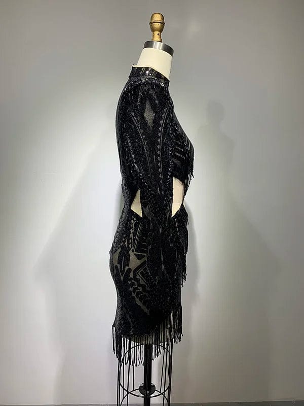 NOVANCE new product 2023 popular in china sexy cut out black shiny pearl dress with shoulder pad club dresses with bling tassels