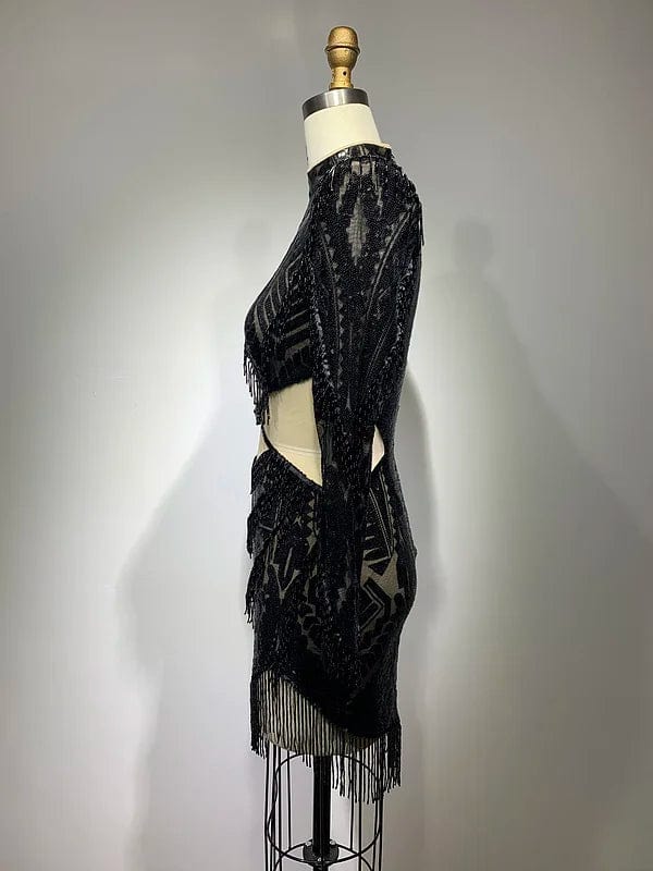 NOVANCE new product 2023 popular in china sexy cut out black shiny pearl dress with shoulder pad club dresses with bling tassels