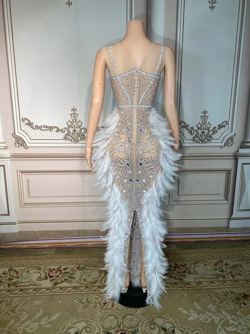 NOVANCE new trending products 2023 sleeveless sparkling stones feather dress modest evening dress for evening party