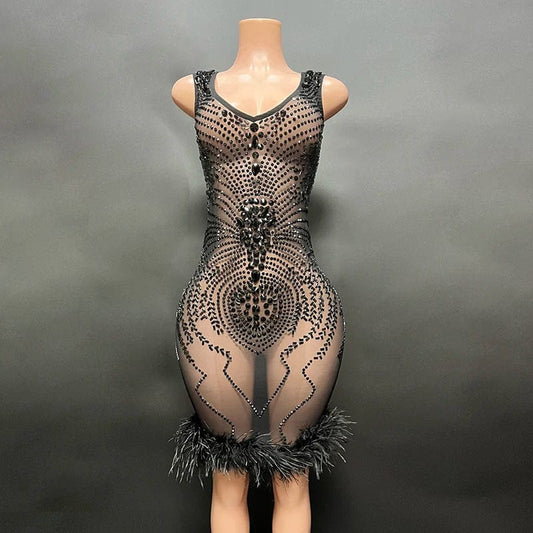 NOVANCE novedades 2023 new style black feather diamonds sparkling knee length sexy dresses women night party club outfit bar