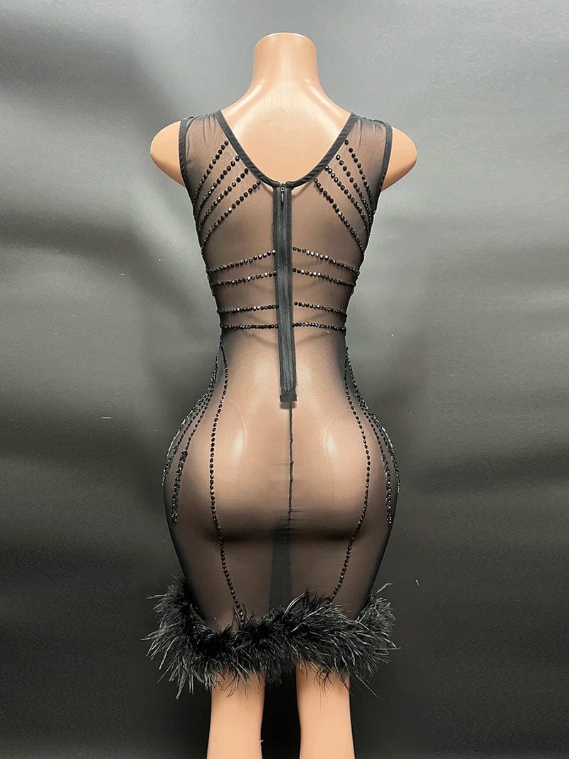 NOVANCE novedades 2023 new style black feather diamonds sparkling knee length sexy dresses women night party club outfit bar