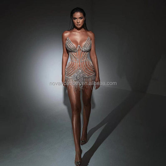 Novance Plus Size Cloth Vendor Tassel Woman Dress See Though Luxury Women Clothing Ball Room Dresses Cocktail Dresses For Feast