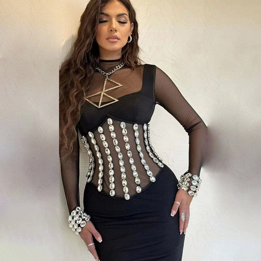 NOVANCE top selling products 2023 shiny diamonds sheer sexy bodycon club black dresses elegant women red carpet evening party