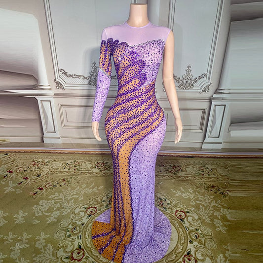 NOVANCE trending products 2023 new arrivals single sleeve shiny purple diamonds mesh red carpet dress evening gown dinner dress