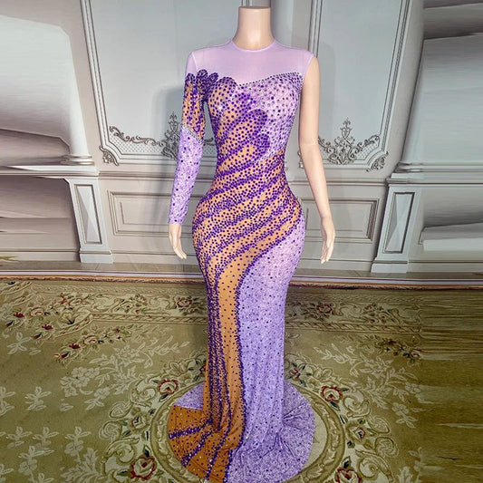 NOVANCE trending products 2023 new arrivals single sleeve shiny purple diamonds mesh red carpet dress evening gown dinner dress