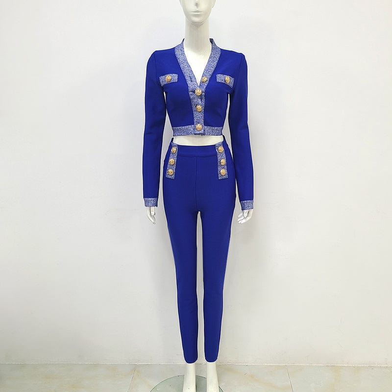 NOVANCE trendy 2 piece set elegant bandage royal blue office wear with Metal buttons women's clothing for activity events