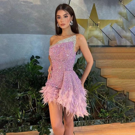 NOVANCE women boutique clothing 2023 Irregular folds shiny sequins pink ball gowns with feather sexy dresses women night club