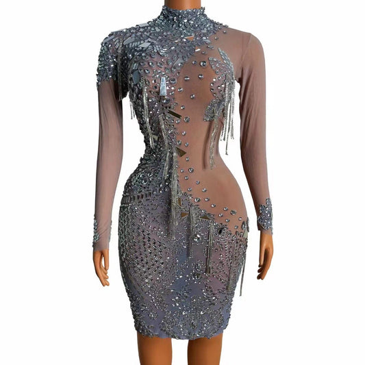NOVANCE women summer clothes shiny diamonds mirror sequins sexy see through mesh silver dress bling crystals evening gown party