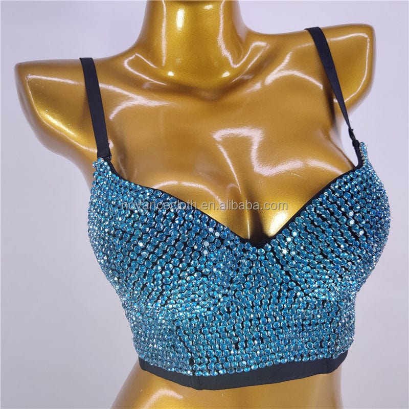 Novance Women Tops 2023 Shiny Sky Blue Crystal Fishbone Sling Singing And Dancing Stage Performance Sexy Camisole Ladies Clothes