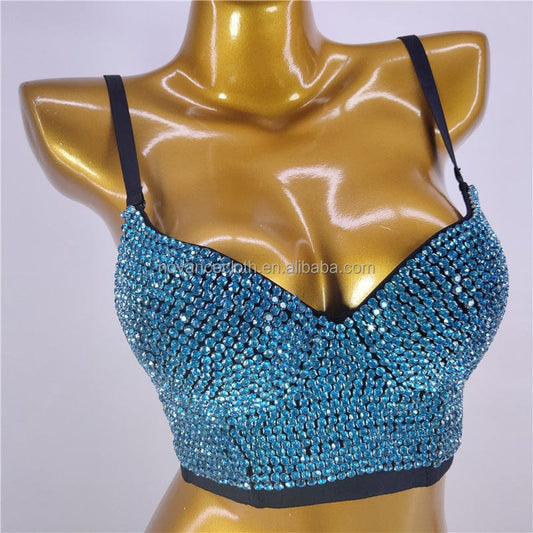 Novance Women Tops 2023 Shiny Sky Blue Crystal Fishbone Sling Singing And Dancing Stage Performance Sexy Camisole Ladies Clothes
