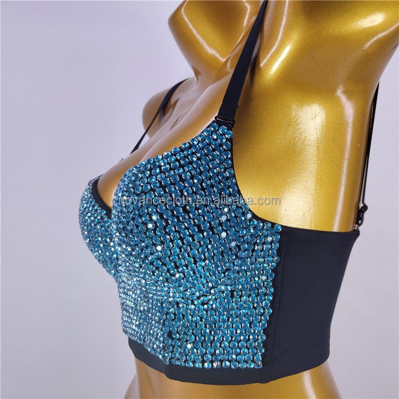 Novance Women Tops 2023 Shiny Sky Blue Crystal Fishbone Sling Singing And Dancing Stage Performance Sexy Camisole Ladies Clothes