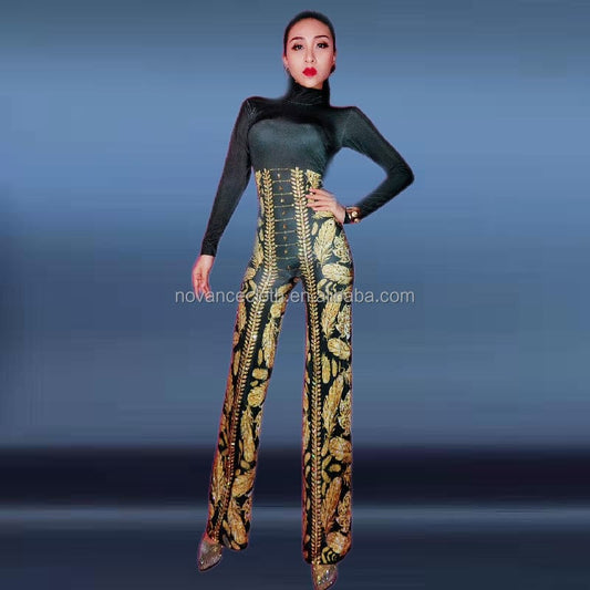 Novance Y1401 Best Sellers Amazon 2022 Golden Diamond Leaf Pattern One Piece Black Sexy Jumpsuit  Wide Leg Pants Women Elegant