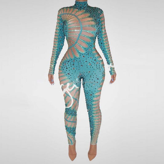 Novance Y1417 New Fashion 2022 Outfit Crystals Rhinestones Bodysuit Women Business Jumpsuit Slim Green Performance Stage Costume