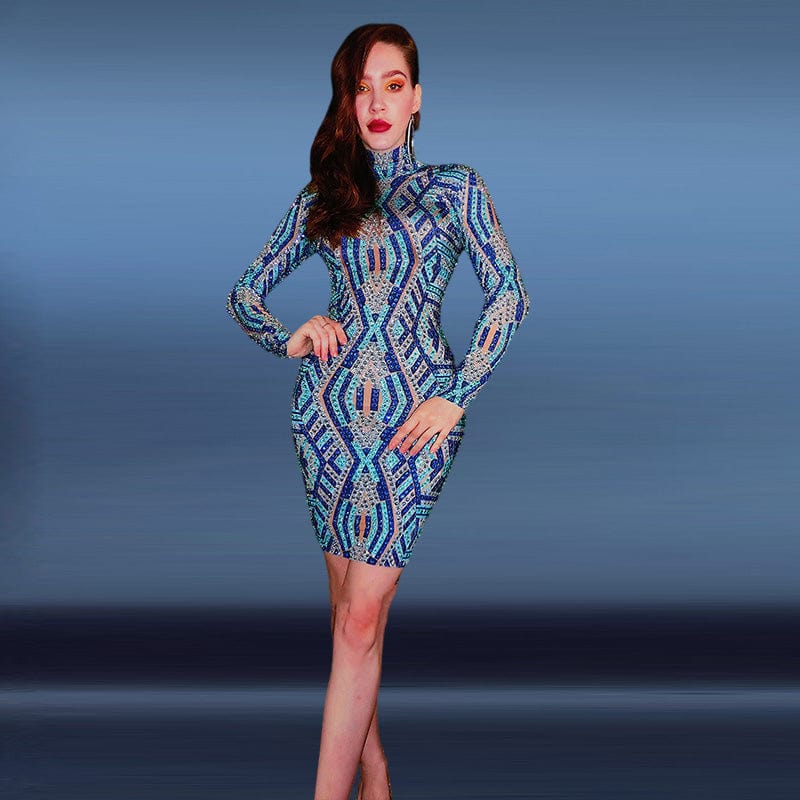 NOVANCE Y2083 New Product Ideas 2022 Trends Blue Print Sparkling Diamond Plus Size Clothes Short Dress For Women Attend Wedding