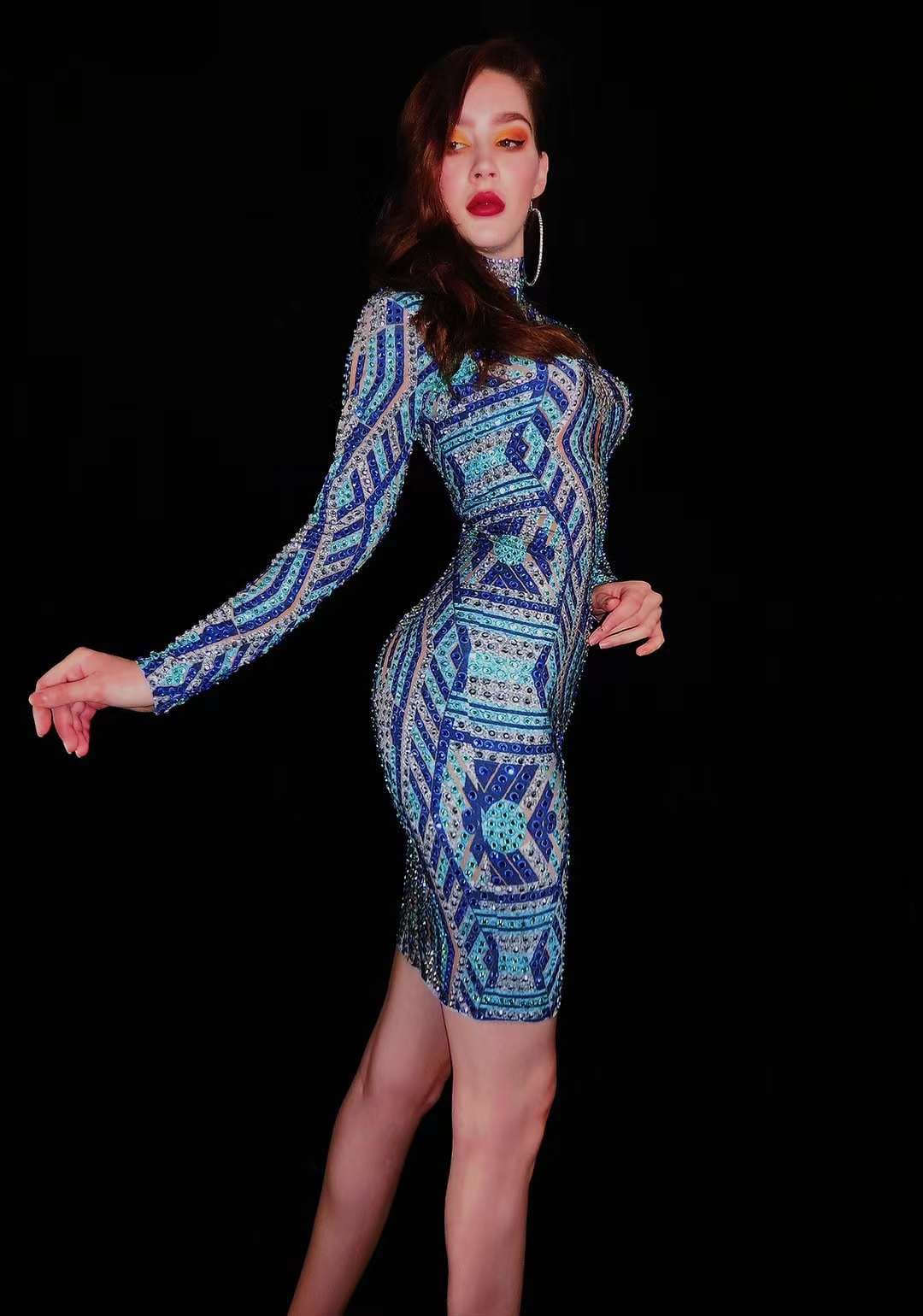 NOVANCE Y2083 New Product Ideas 2022 Trends Blue Print Sparkling Diamond Plus Size Clothes Short Dress For Women Attend Wedding