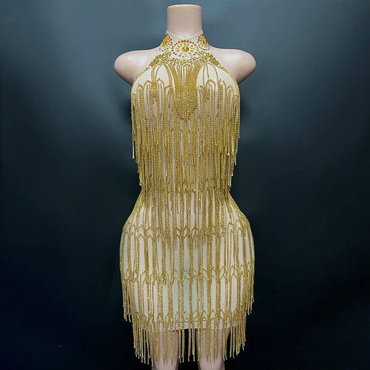 Novance Y2336 hot sale 2024 mini gold dresses women party sexy high neck luxury designer clothes for women with tassel